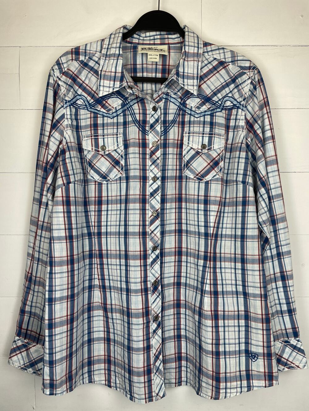Ariat R.E.A.L. Women's XXL Plaid Western Pearl Snap Shirt Embroidered Yoke Blue